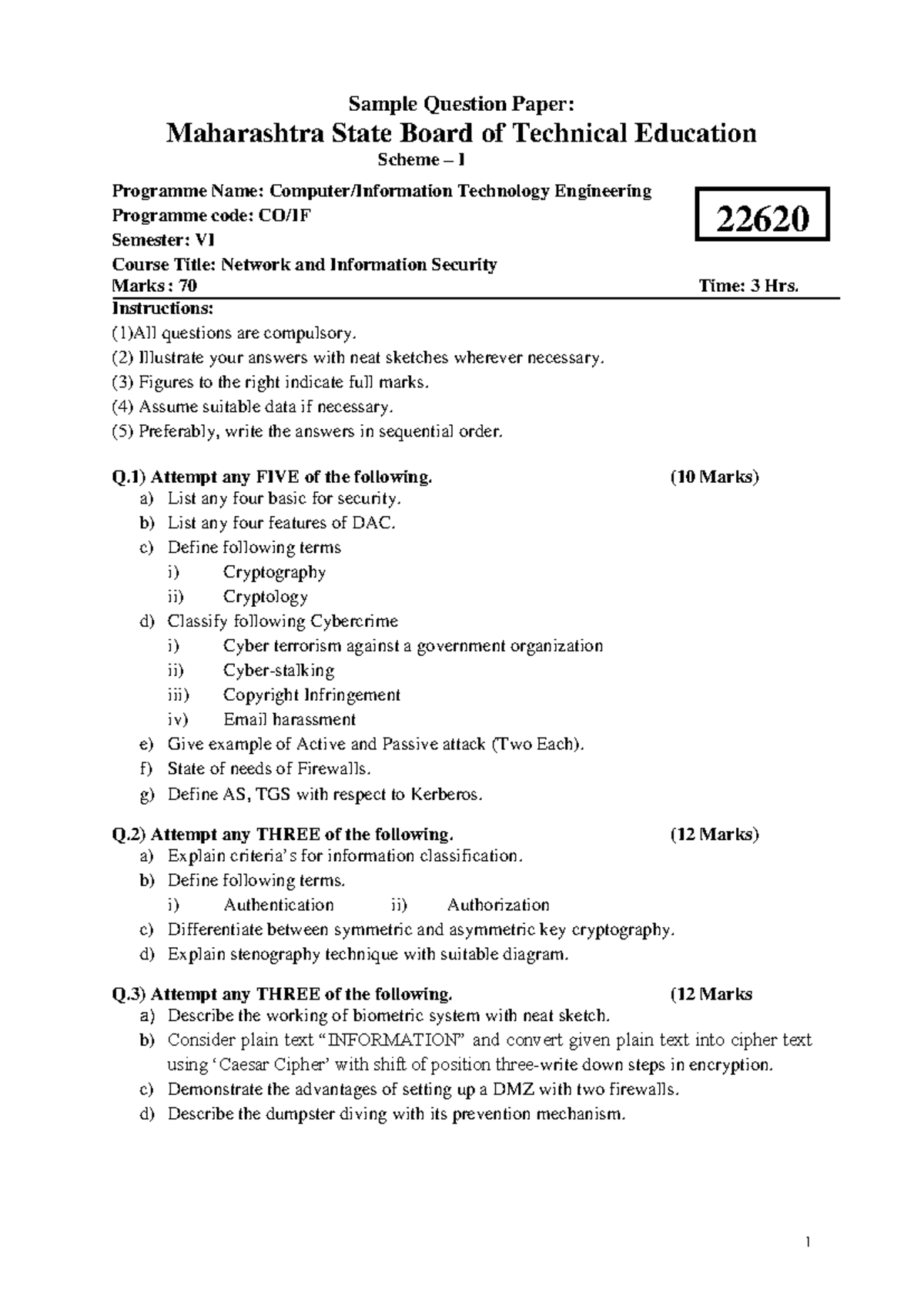 NIS Sample Question Paper - CO/IF Semester VI - Network Security Exam ...