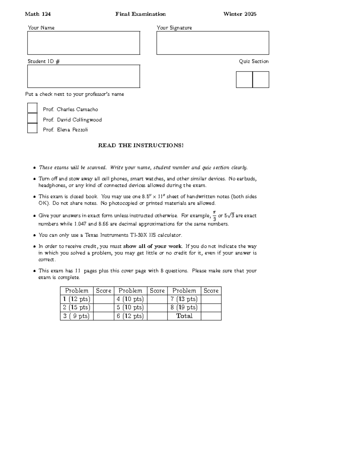 Math 124 Final Exam Guidelines and Problem Set - Winter 2025 - Studocu