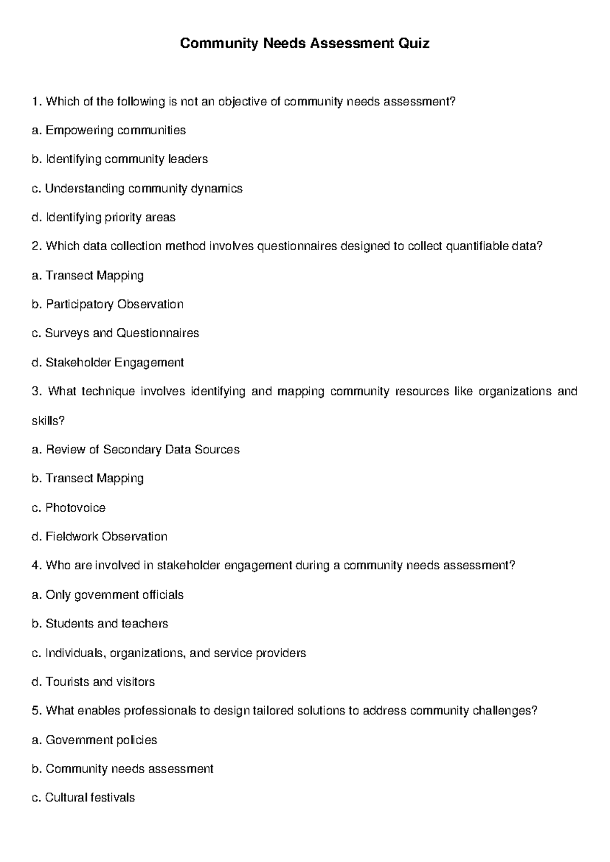 Community Needs Assessment Quiz 1: Key Concepts and Techniques - Studocu