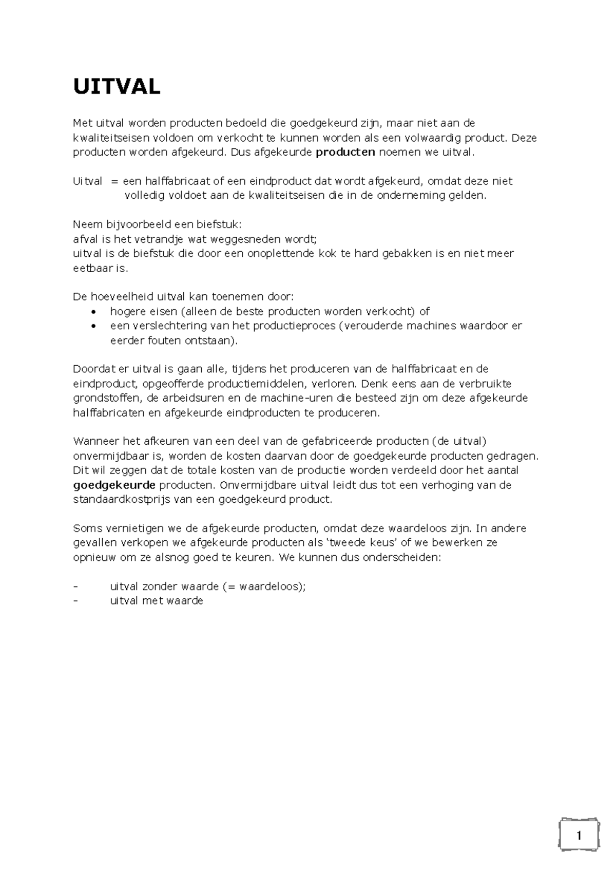 Uitval en Kostenanalyse van Productie: Les 10 UITVAL 202004 - Studeersnel