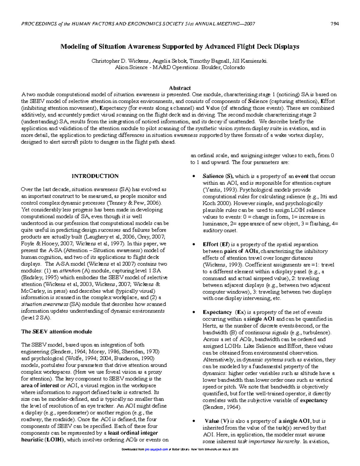 Advanced Flight Deck Displays and Situation Awareness (Wickens et al ...