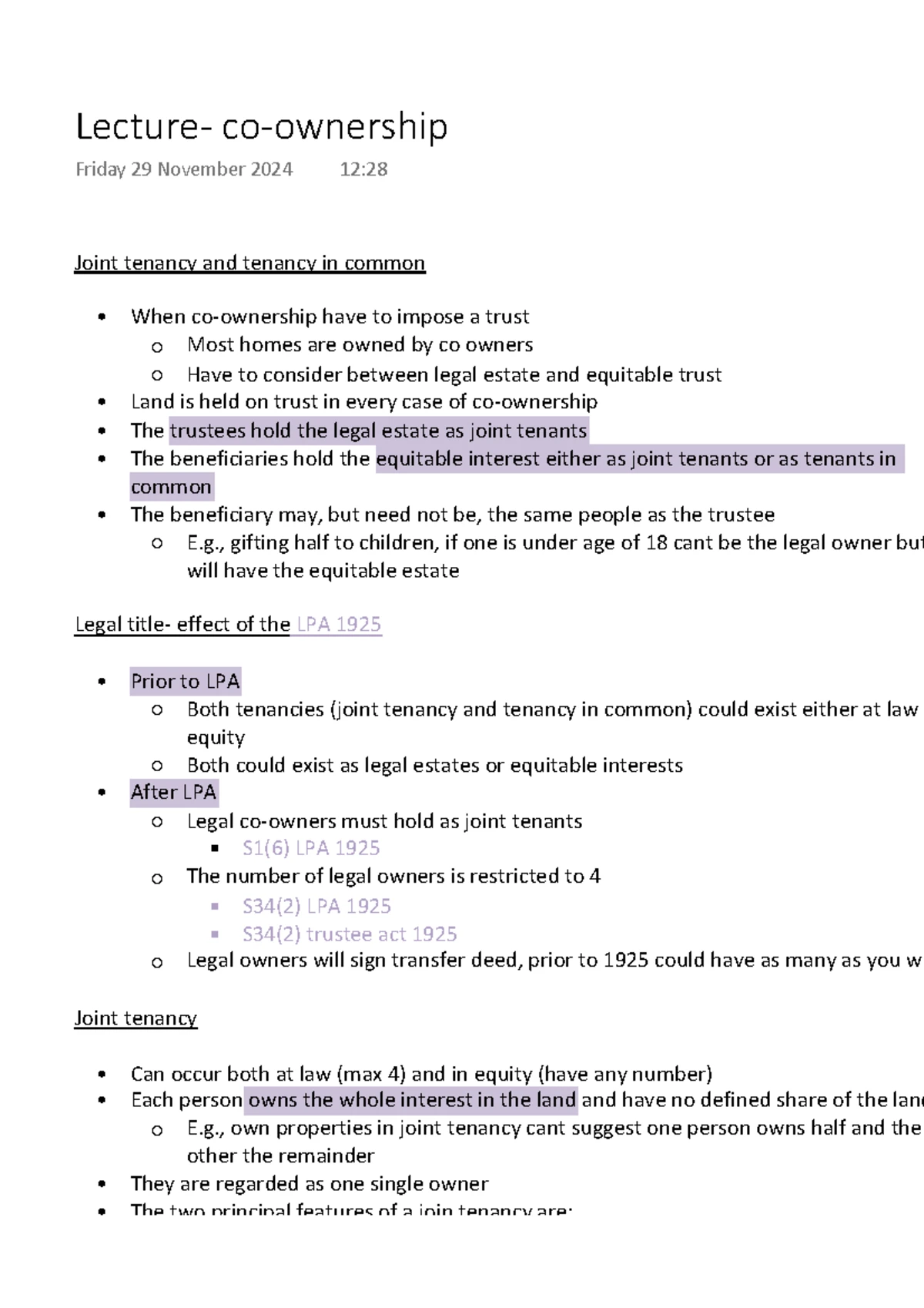 Lecture Notes on Co-Ownership and Trusts (LA123) - Studocu