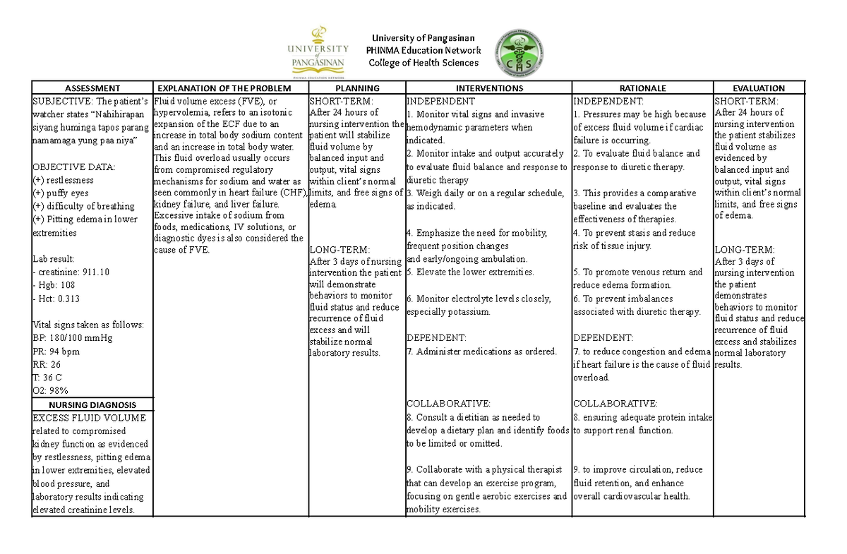 Nursing Care Plan for Fluid Volume Excess (FVE): Interventions ...