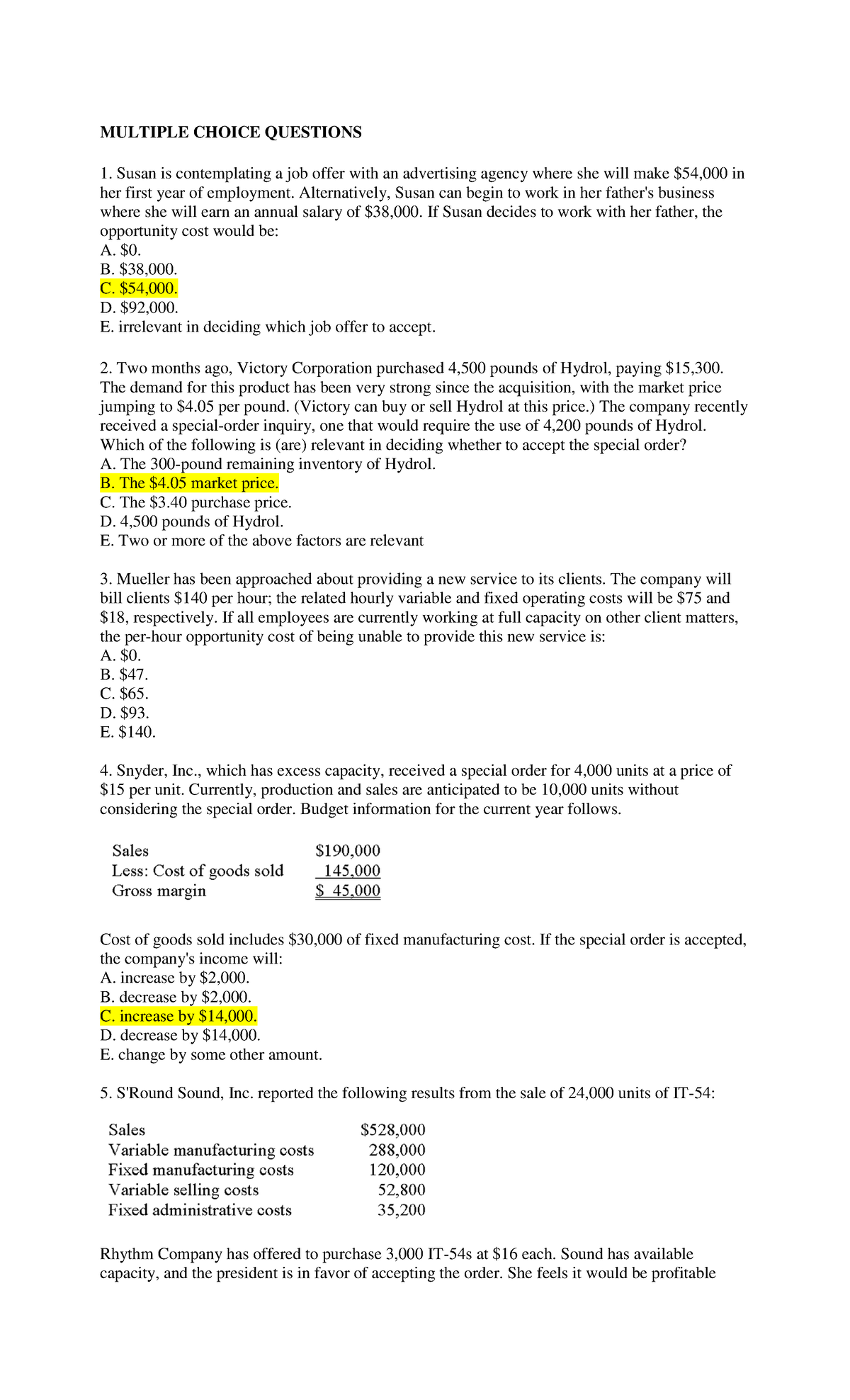 Relevant Costing Final Exam (ACC 301) - Multiple Choice Questions - Studocu