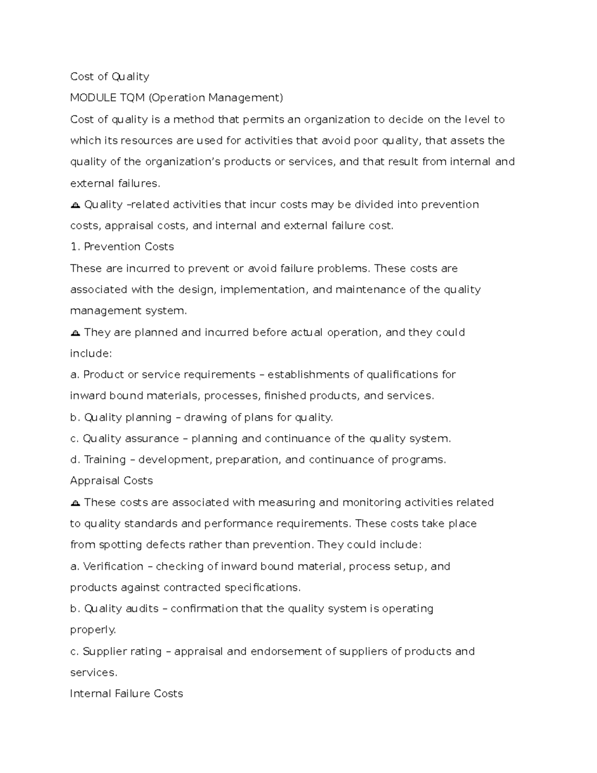Cost of Quality Analysis - TQM Module (Operations Management) - Studocu