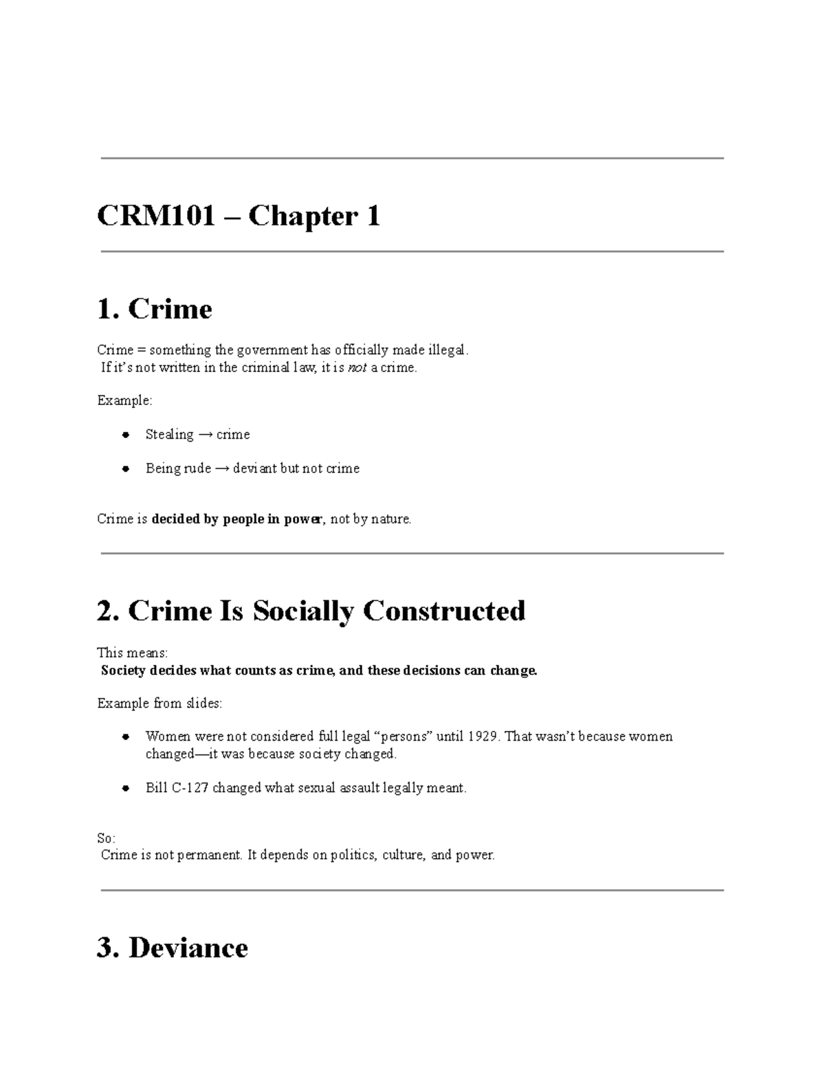 CRM101 Lecture 1 Notes: Understanding Crime and Deviance - Studocu