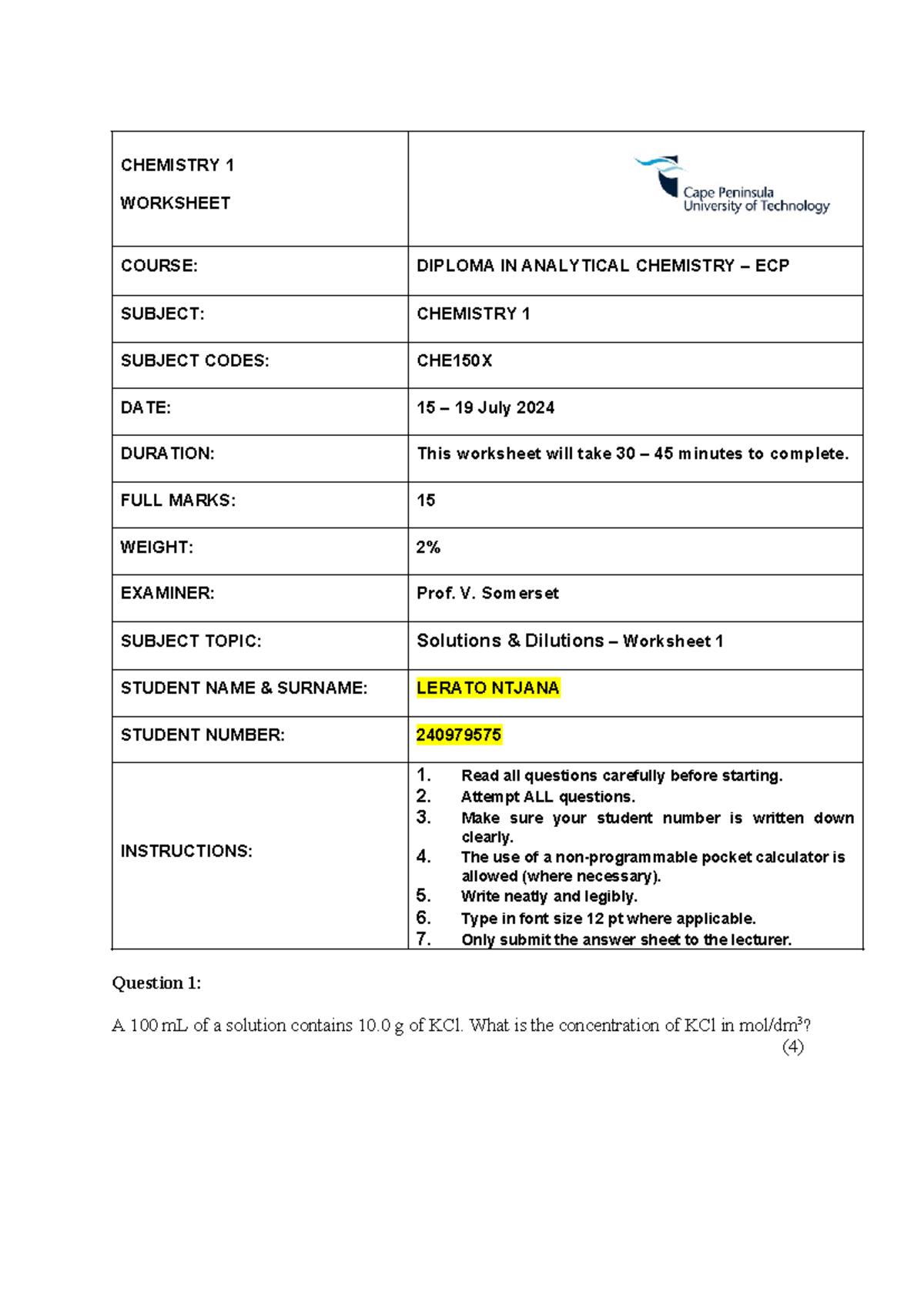 CHE150X Chemistry 1 ECP Solutions & Dilutions Worksheet 1 - Studocu