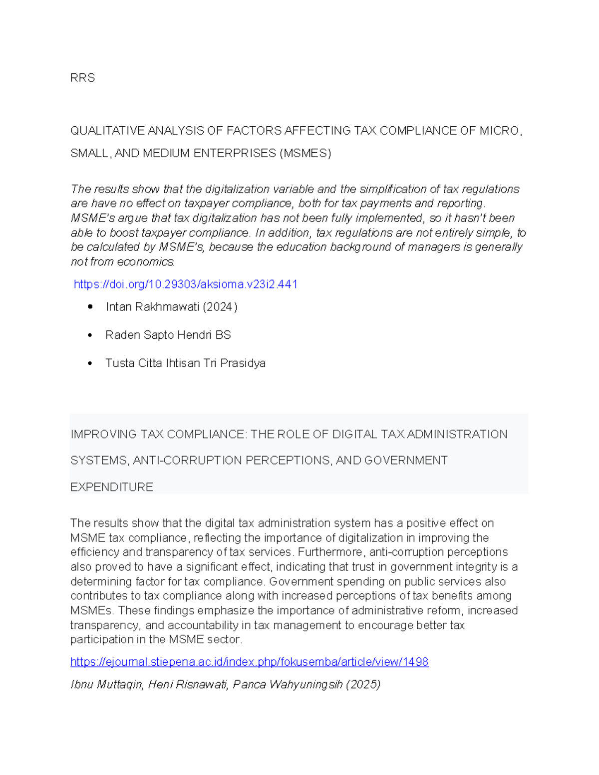 RRS - Qualitative Analysis of Factors Influencing MSME Tax Compliance ...
