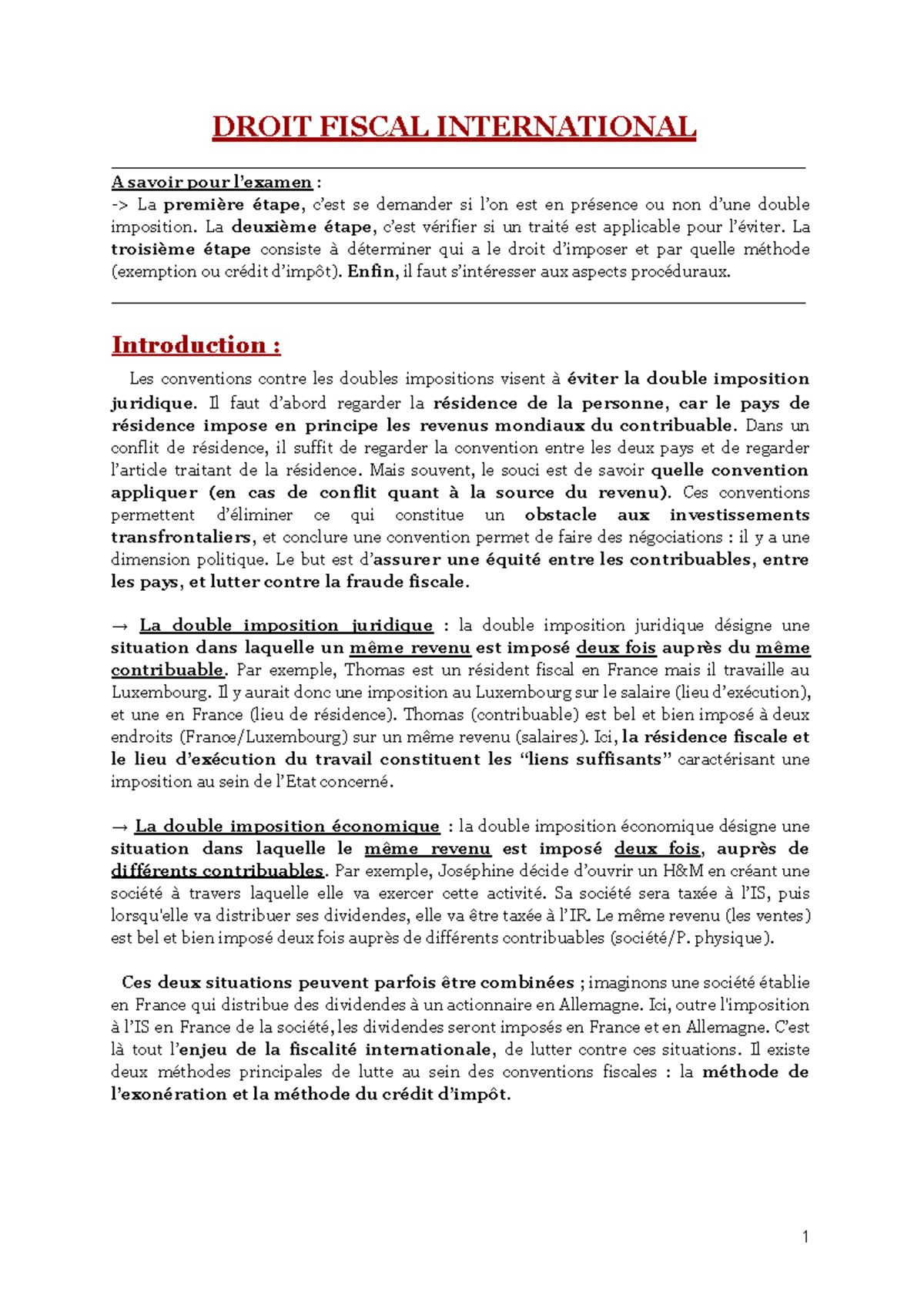 Cours 2025 Droit Fiscal International : Élimination de la Double Imposition - Document Preview