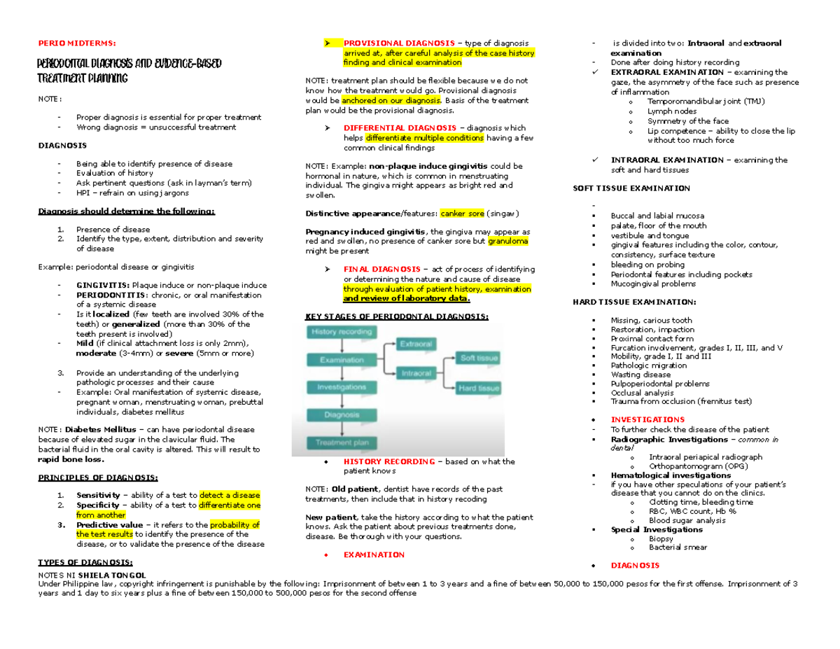 Perio 101: Midterm Study Notes on Diagnosis and Treatment - Studocu