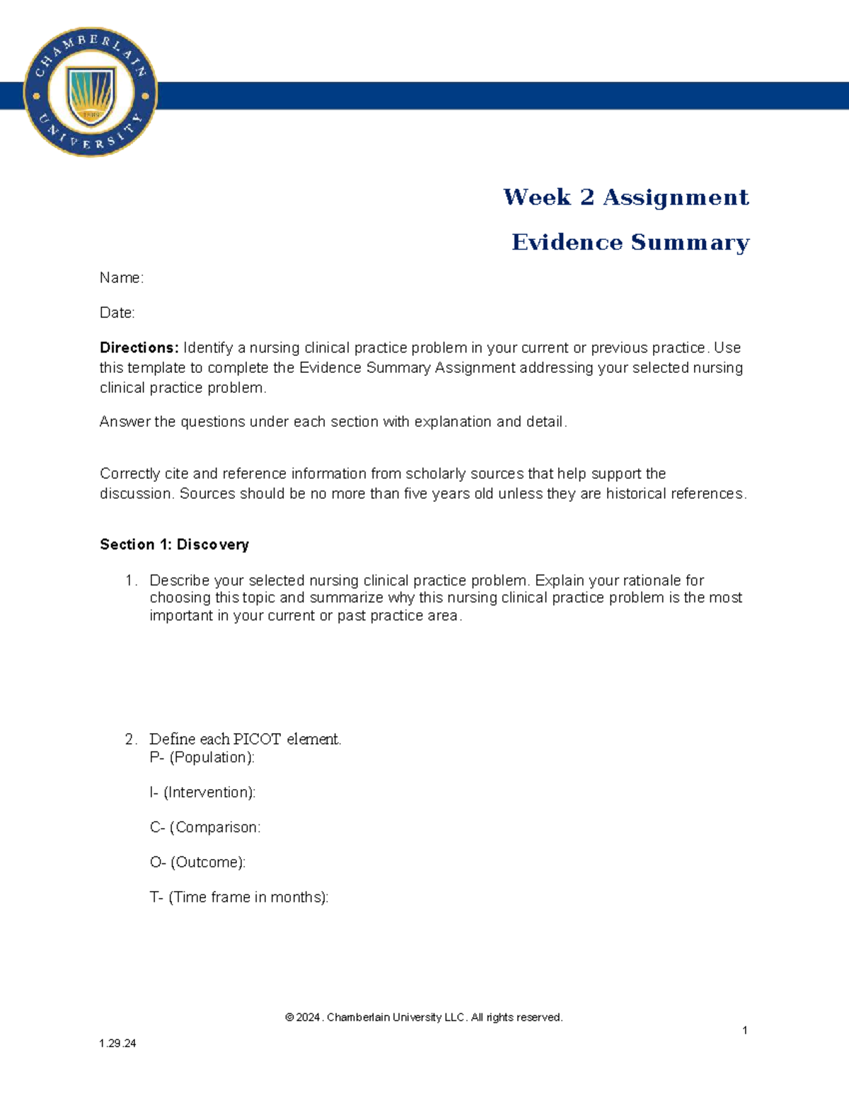 NR451 W2 Evidence Summary Template: Nursing Clinical Practice Problems ...