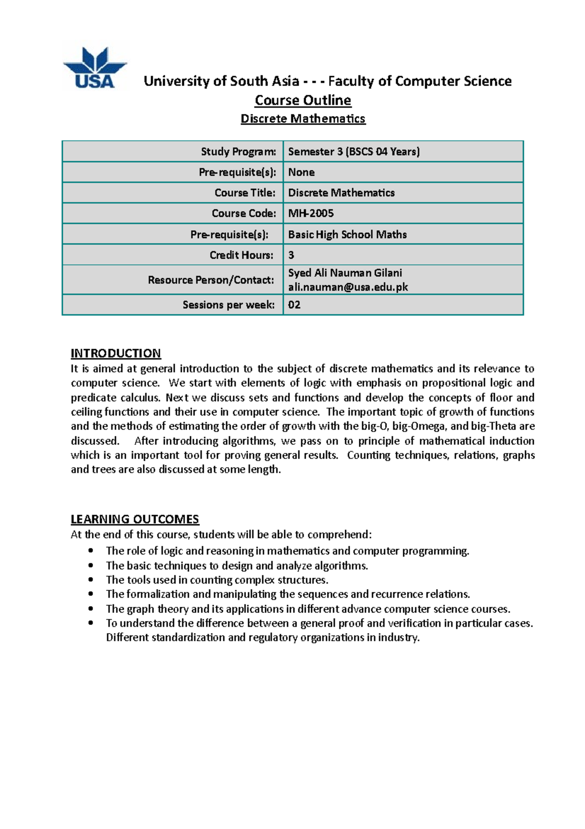Course File MH- Discrete Mathematics: Outline & Learning Objectives ...