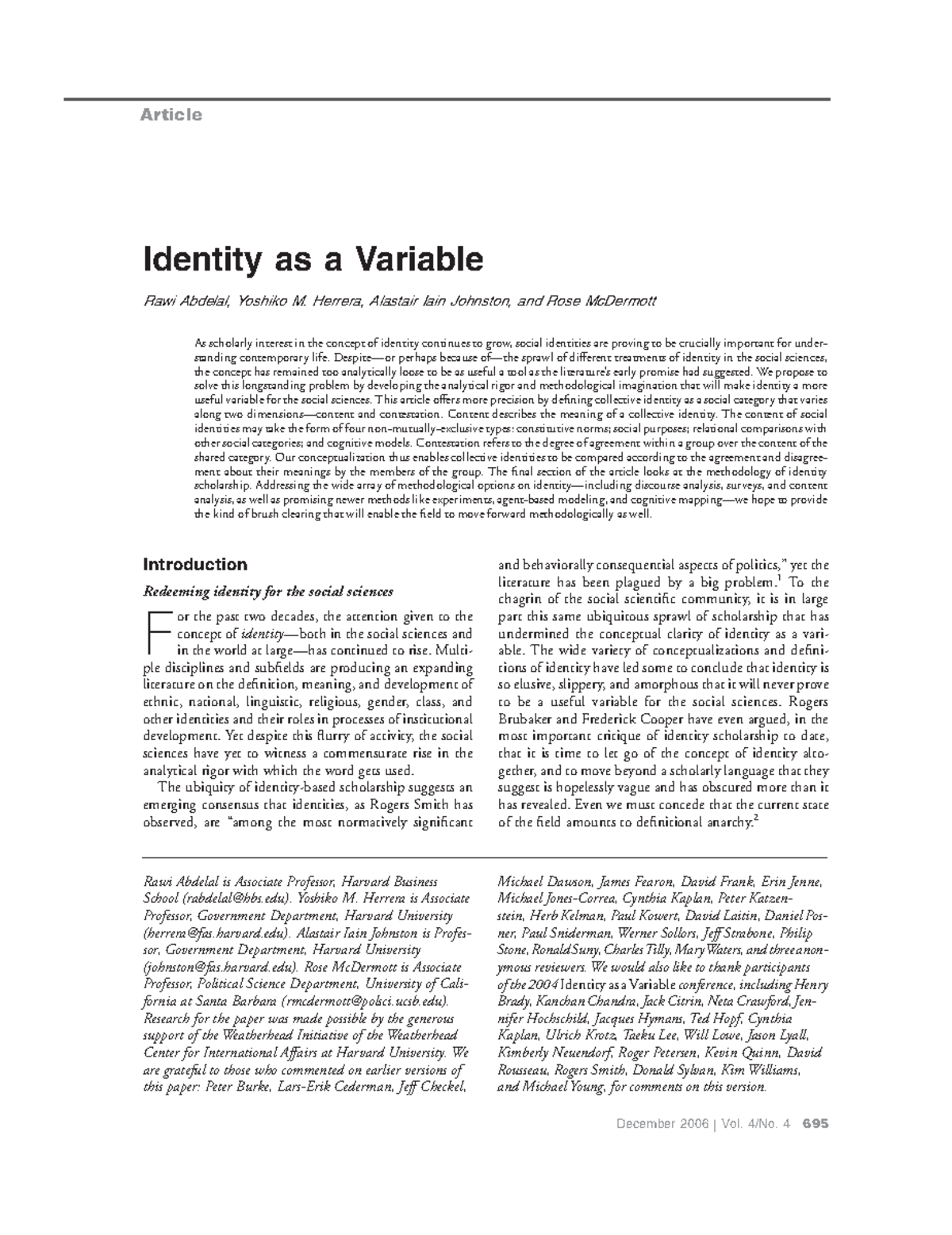 Identity as a Variable: An Analytical Framework for Social Sciences ...