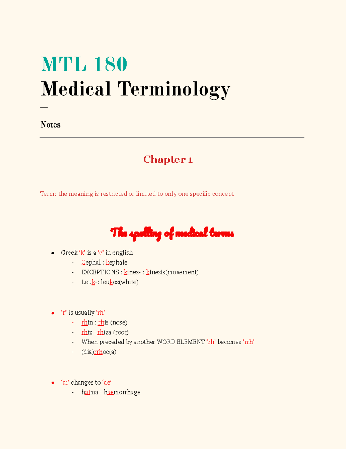MTL 180 Medical Terminology Notes: Chapter 1 Overview and Key Terms ...