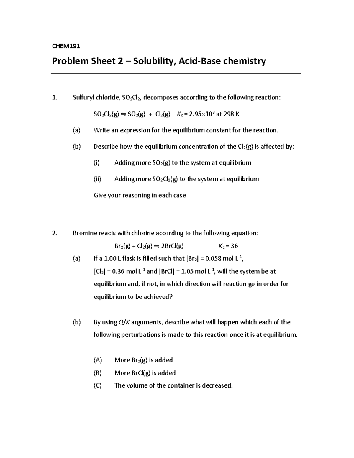 CHEM191 Problem Sheet 2: Solubility & Equilibrium Analysis - Studocu