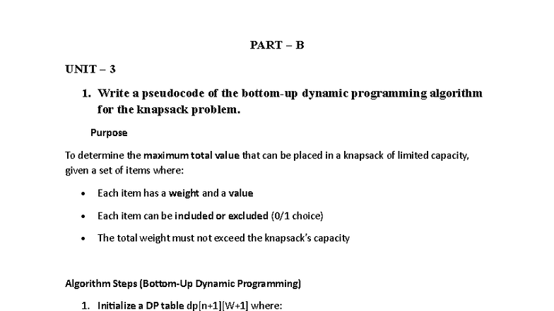 DAA PART B (UNIT 3) - Dynamic Programming for Knapsack Problem - Studocu