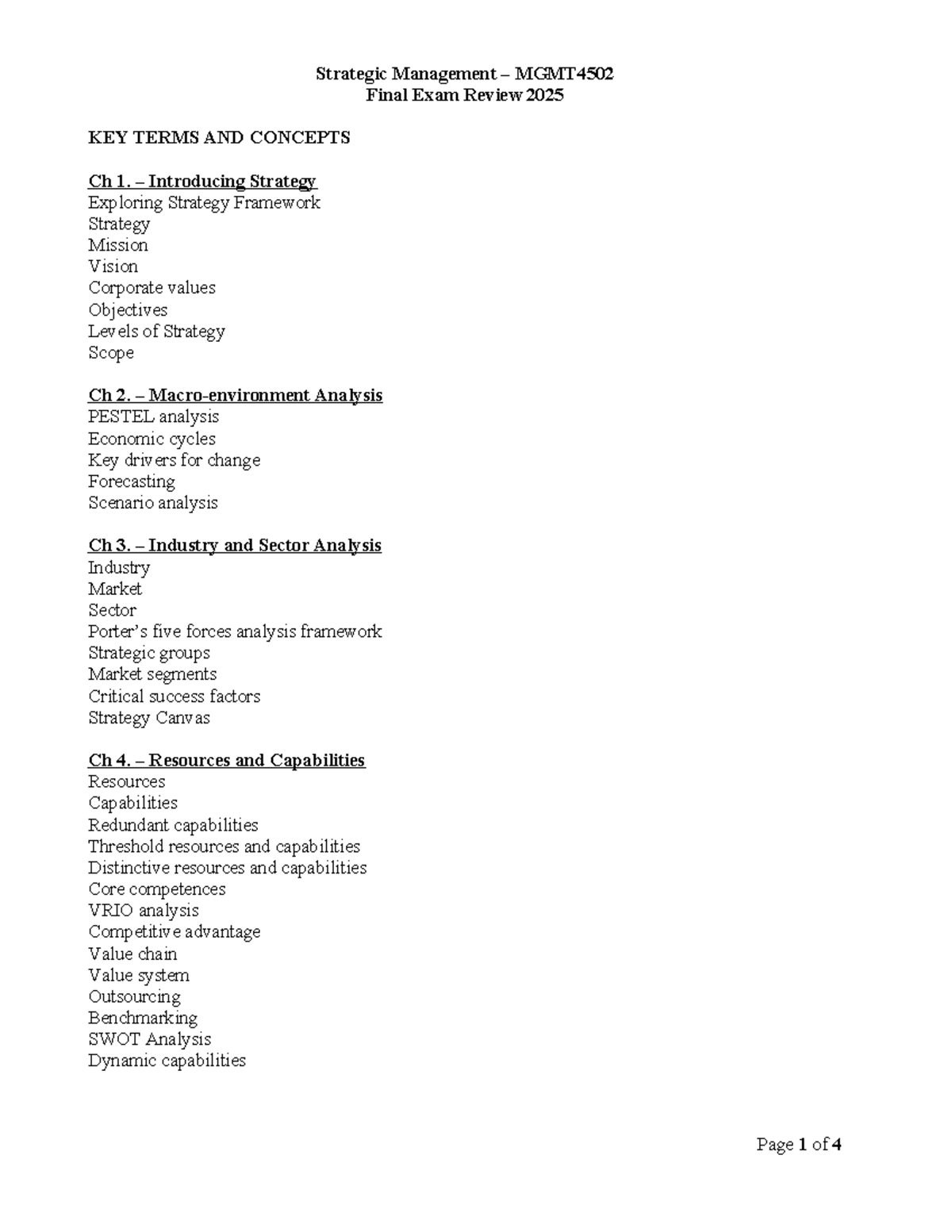 Strategic Management MGMT4502 Final Exam Review 2025: Key Terms ...