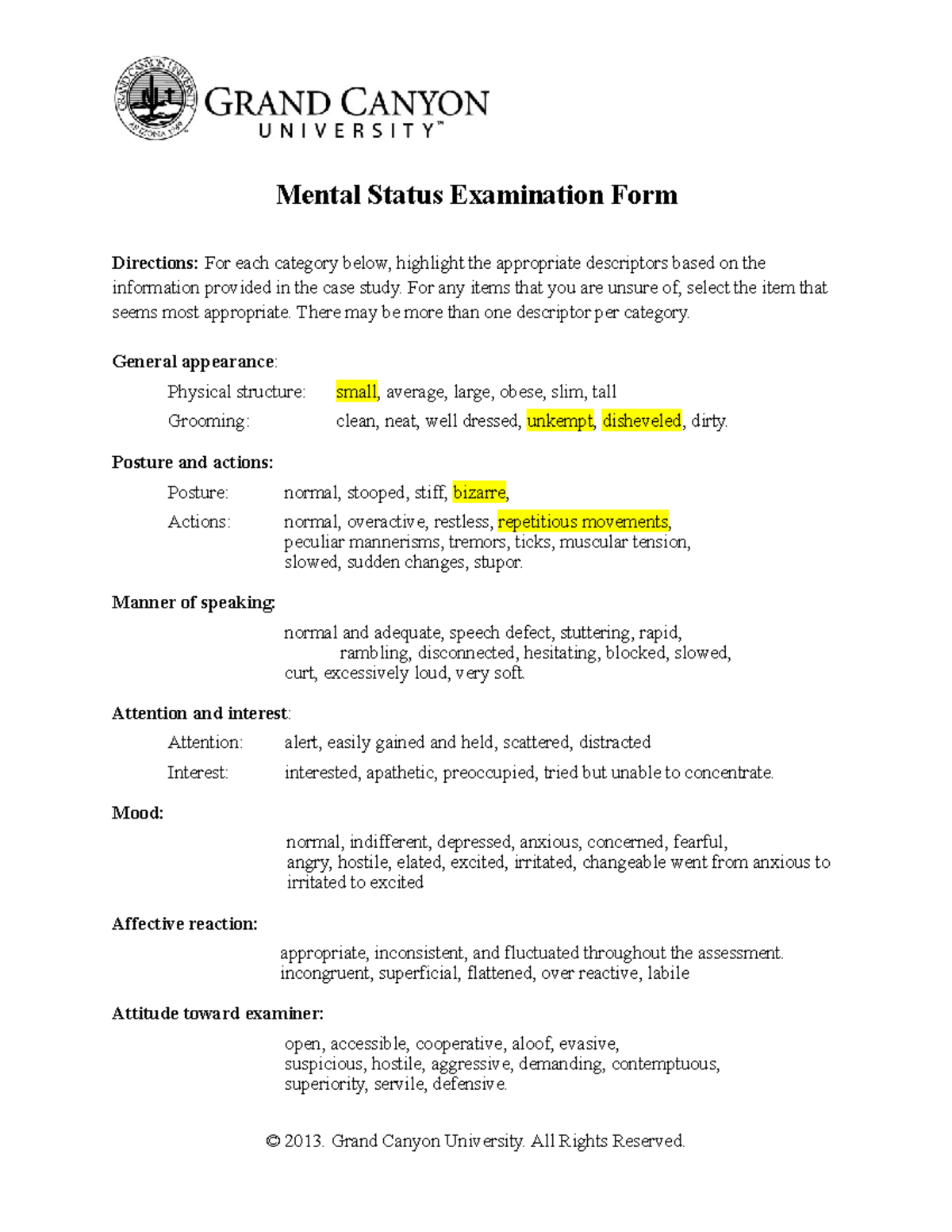 PCN255 Mental Status Examination Form: Comprehensive Guide - Studocu