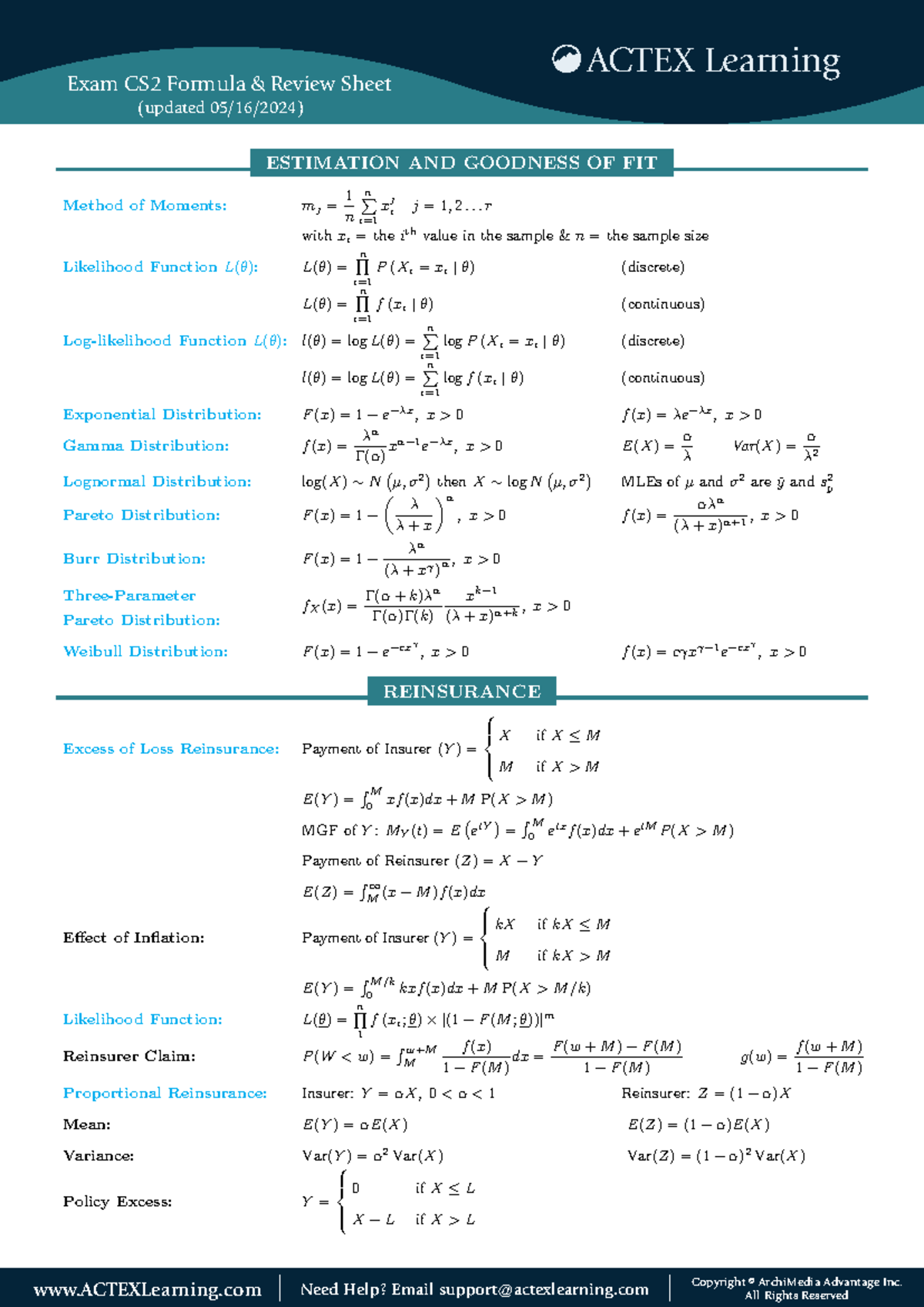 ACTEX Learning Exam CS2 Formula Review Sheet - Studocu