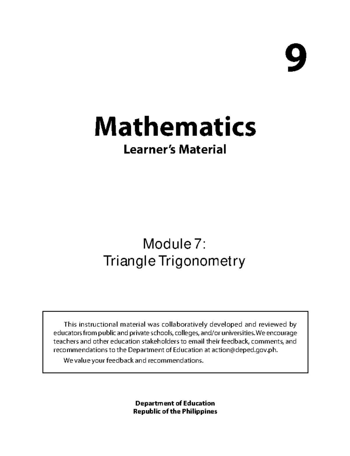 Grade 9 Math Learner's Material: Module 7 on Triangle Trigonometry ...