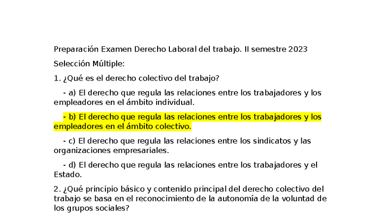 Preparación Examen Derecho Laboral II Semestre 2023: Selección Múltiple