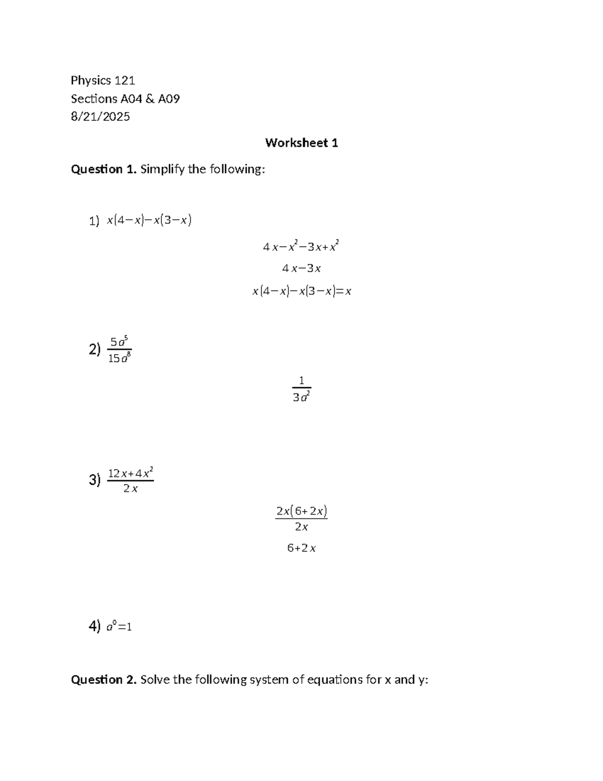Physics 121 A04 A09 Worksheet 1 Solutions and Simplifications - Studocu