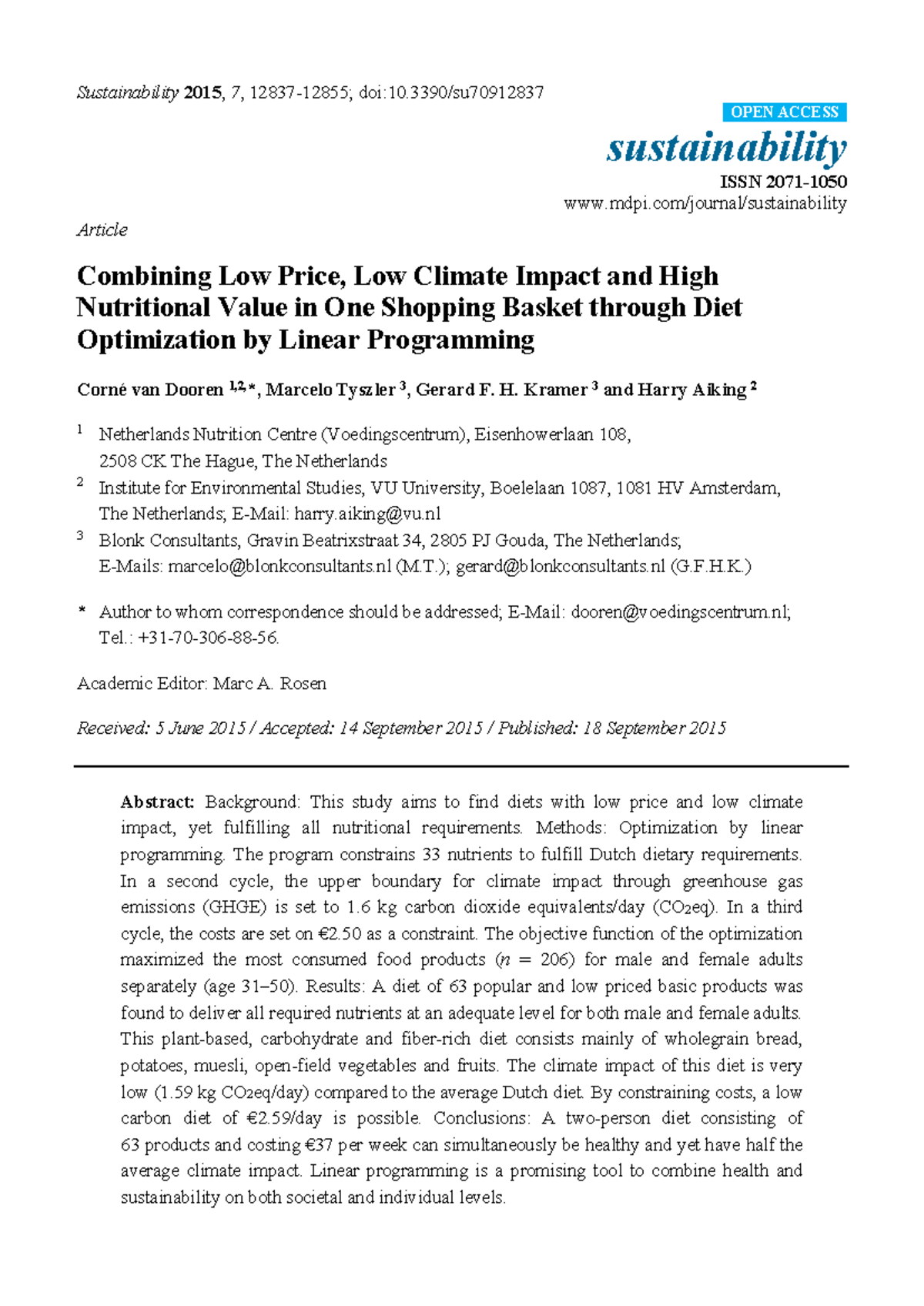 Sustainability 2015, 7: Diet Optimization for Low Cost & Climate Impact ...