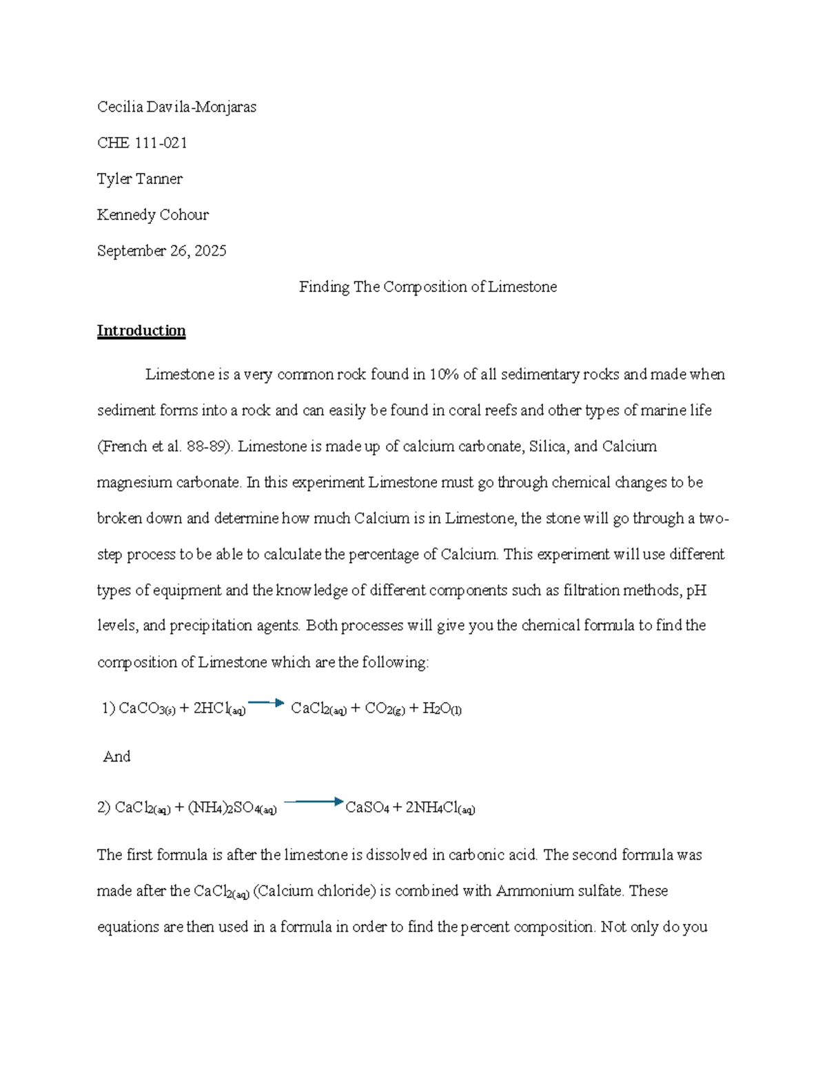 CHE 101 Lab: Analyzing Limestone Composition - Experiment Overview ...