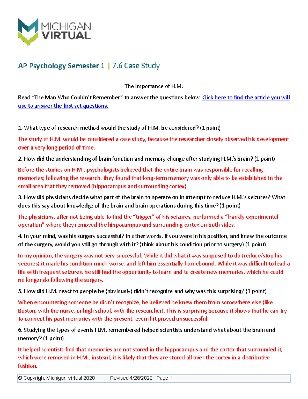 7.6 Case Study: Insights from H.'s Memory and Brain Functioning - Studocu
