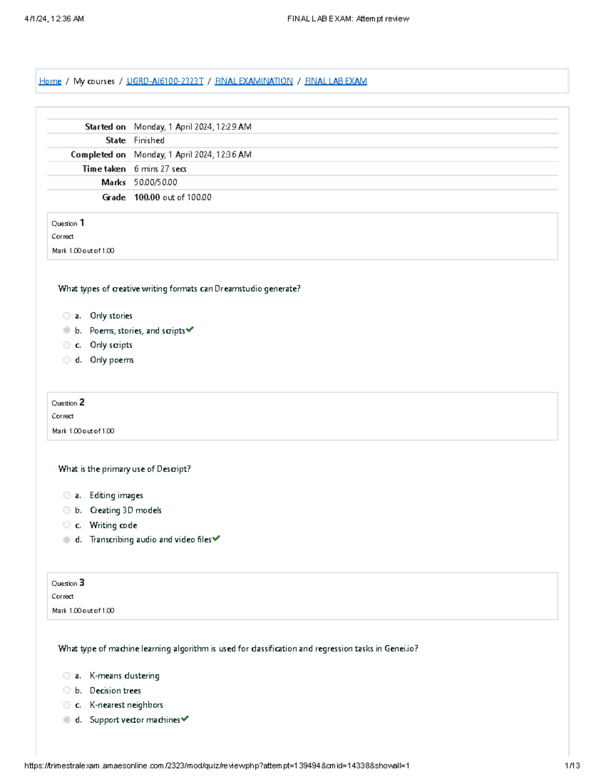Score 100 on UGRD-AI6100-2323T Final Lab Exam - Studocu