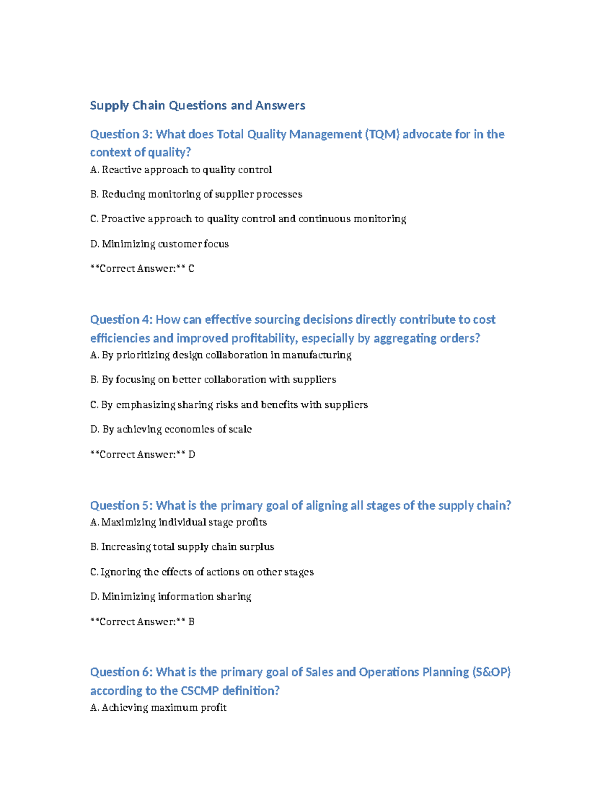 Supply Chain Quiz Q&A for SCM 101: Concepts & Strategies - Studocu