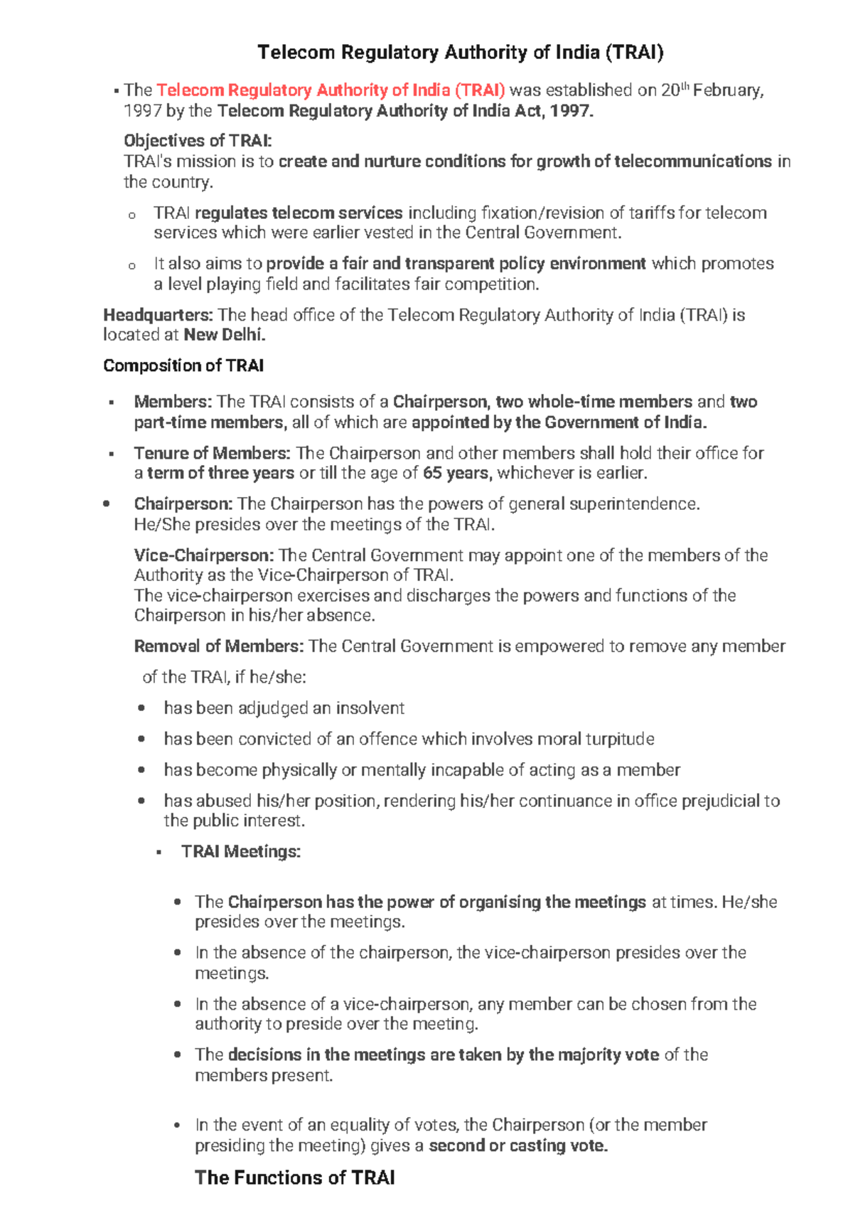 TRAI and CCI Overview: Functions, Objectives, and Challenges - Studocu