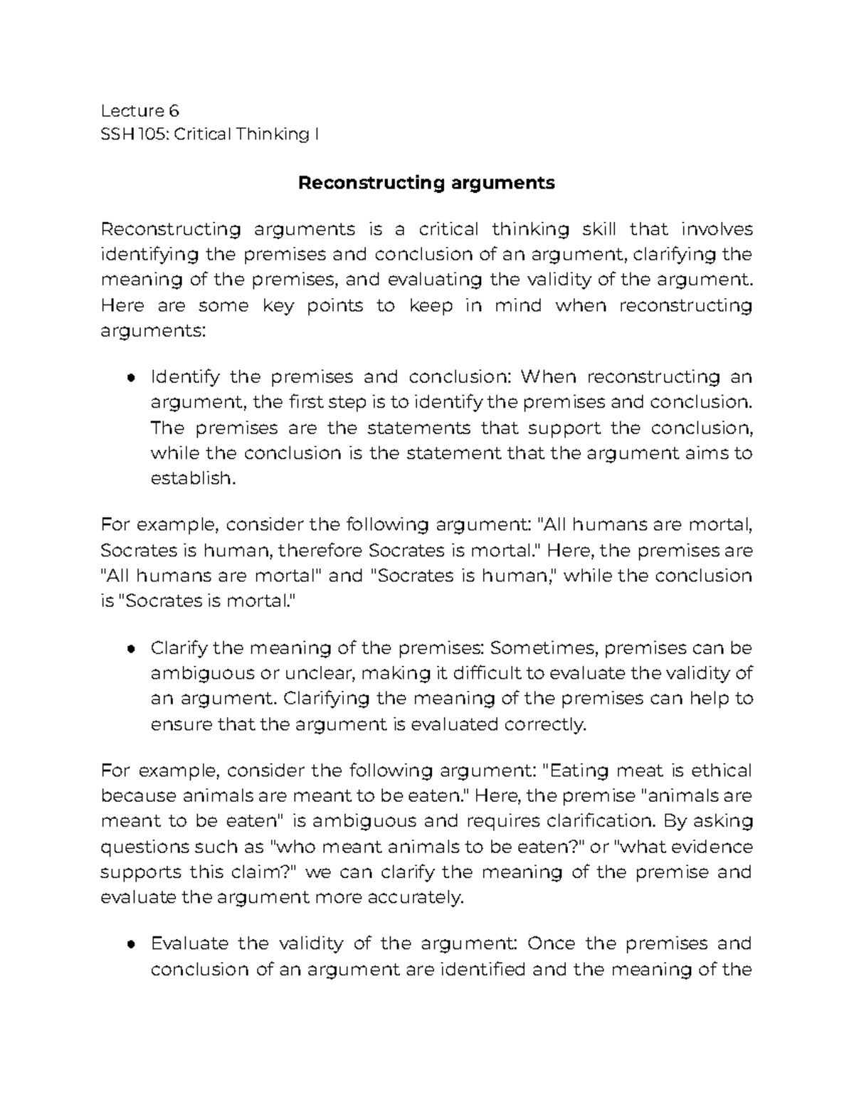 Lecture 6: Reconstructing Arguments in SSH 105 Critical Thinking I ...