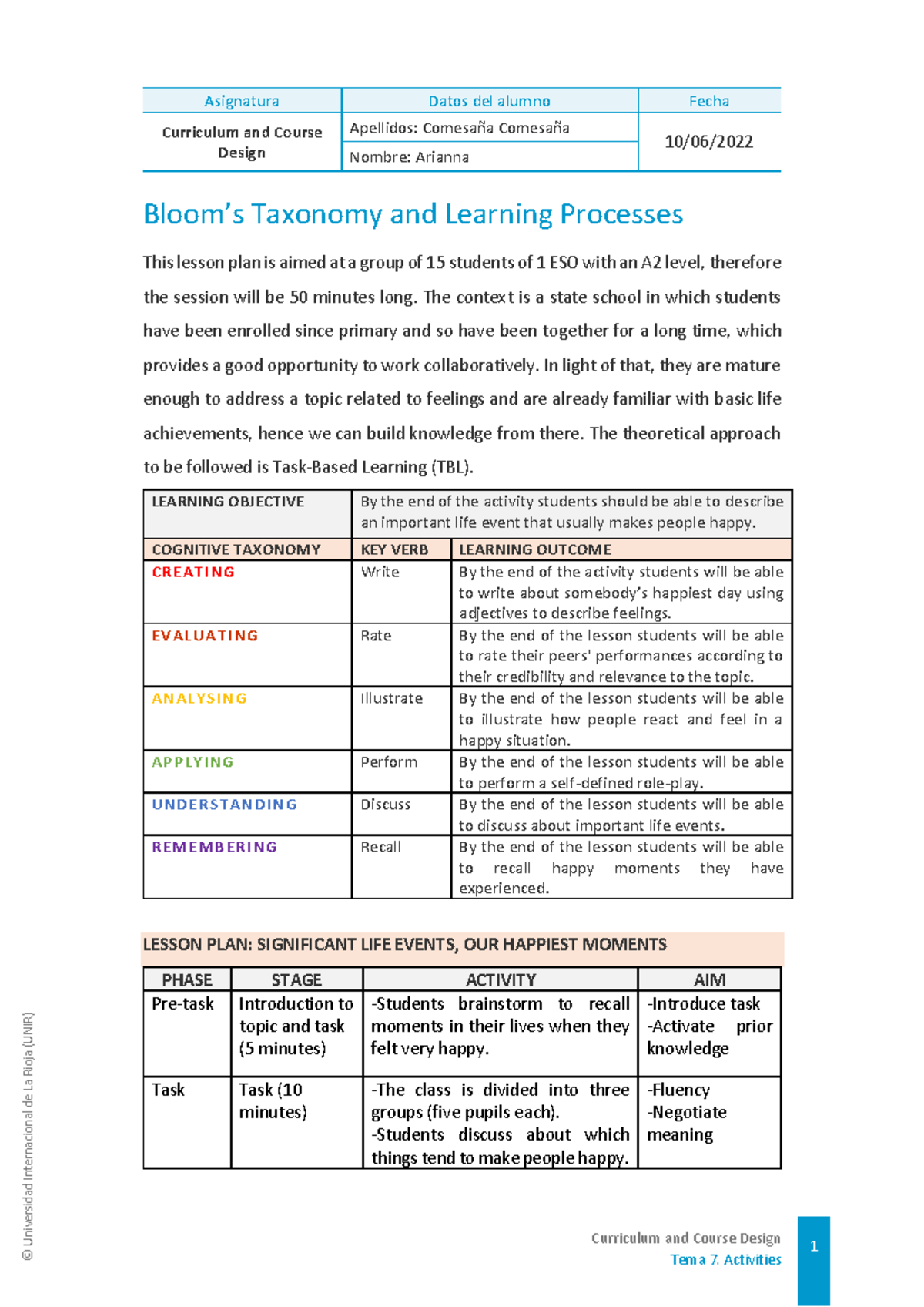 Bloom's Taxonomy in Curriculum Design: Lesson Plan & Activities - Studocu