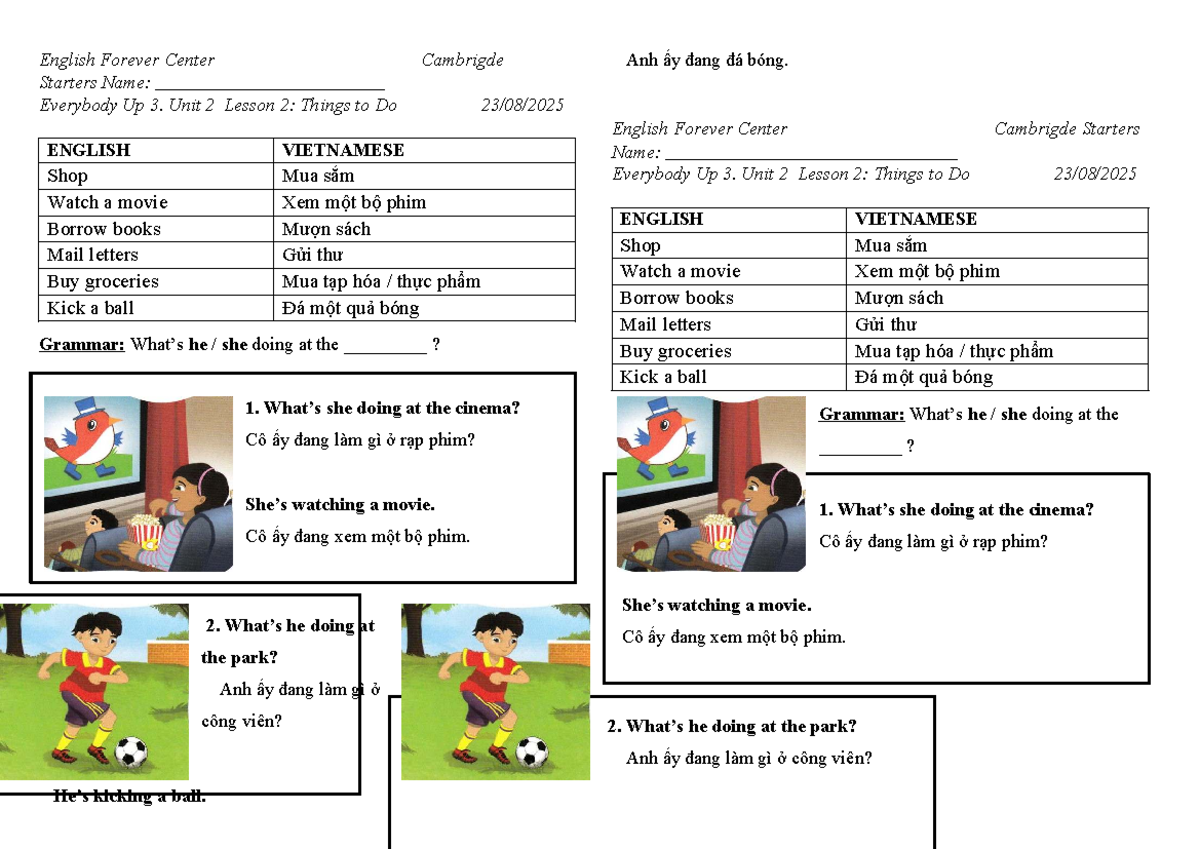 Everybody Up 3: Unit 2 Lesson 2 - Things to Do - Studocu