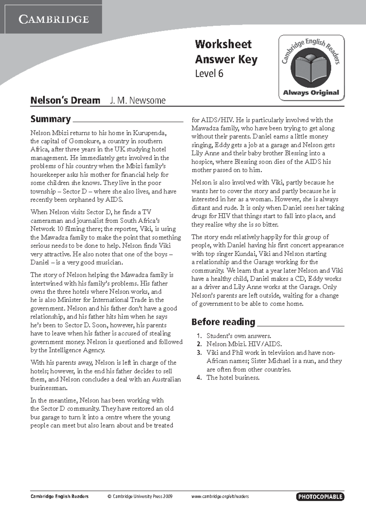 Nelson's Dream (Level 6) - Complete Answer Key & Summary - Studocu