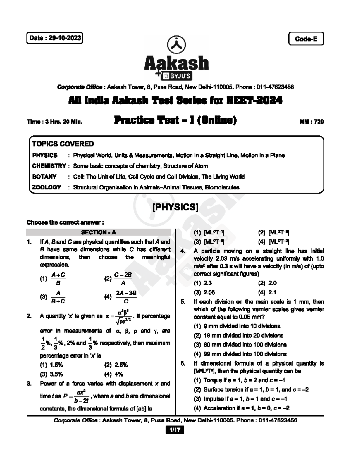 All India Aakash Test Series (AIATS) Practice Question Paper 01 - Studocu