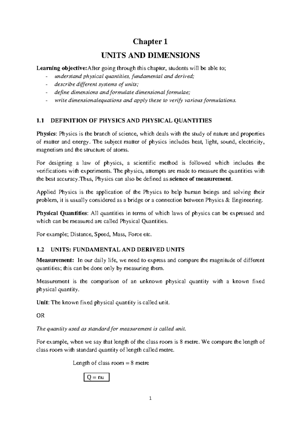 Units and Dimensions Overview - PHYSICS1 Chapter 1 Guide - Studocu