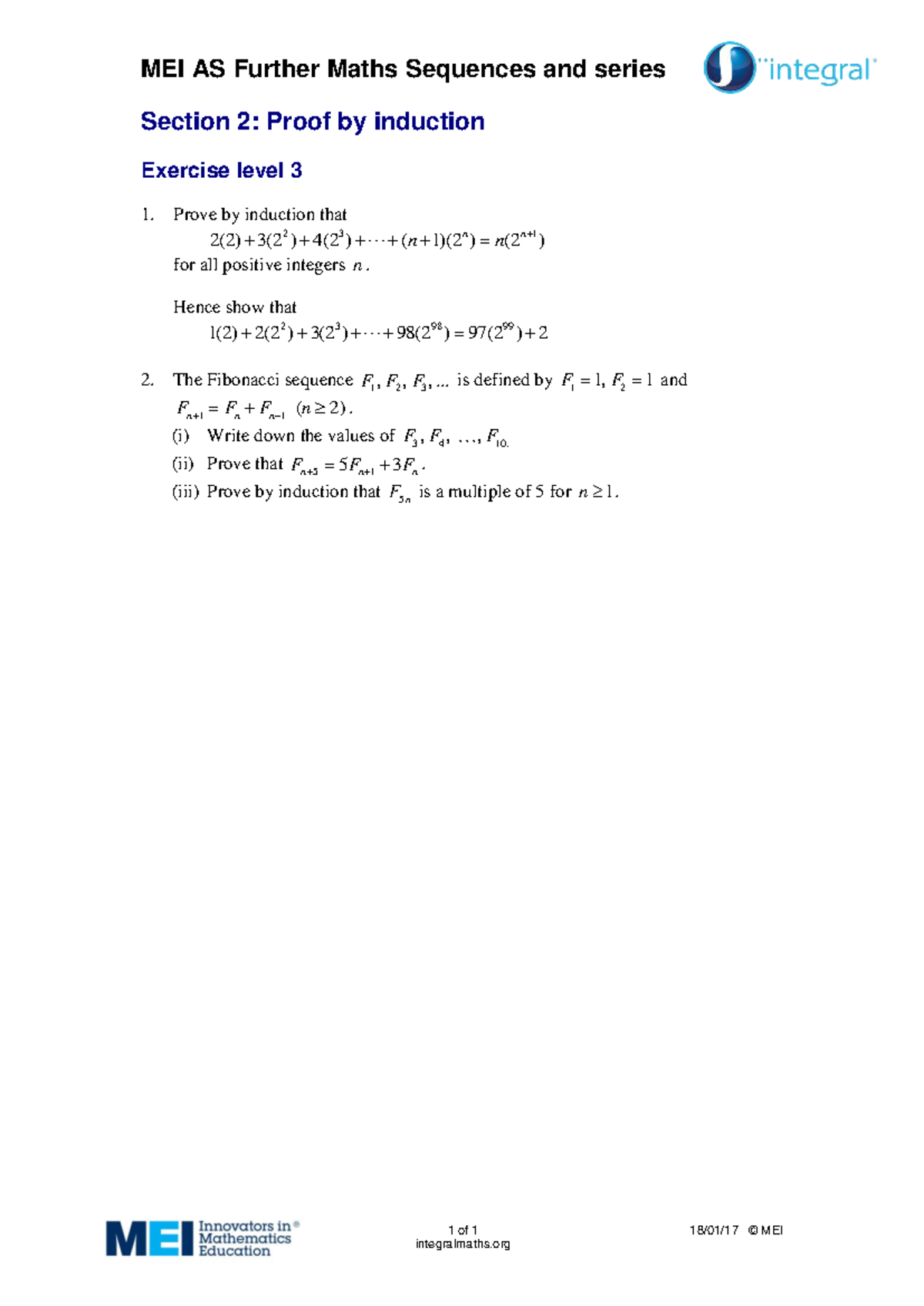 MEI AS Further Maths: Sequences & Series Proof Induction Rev. - Studocu