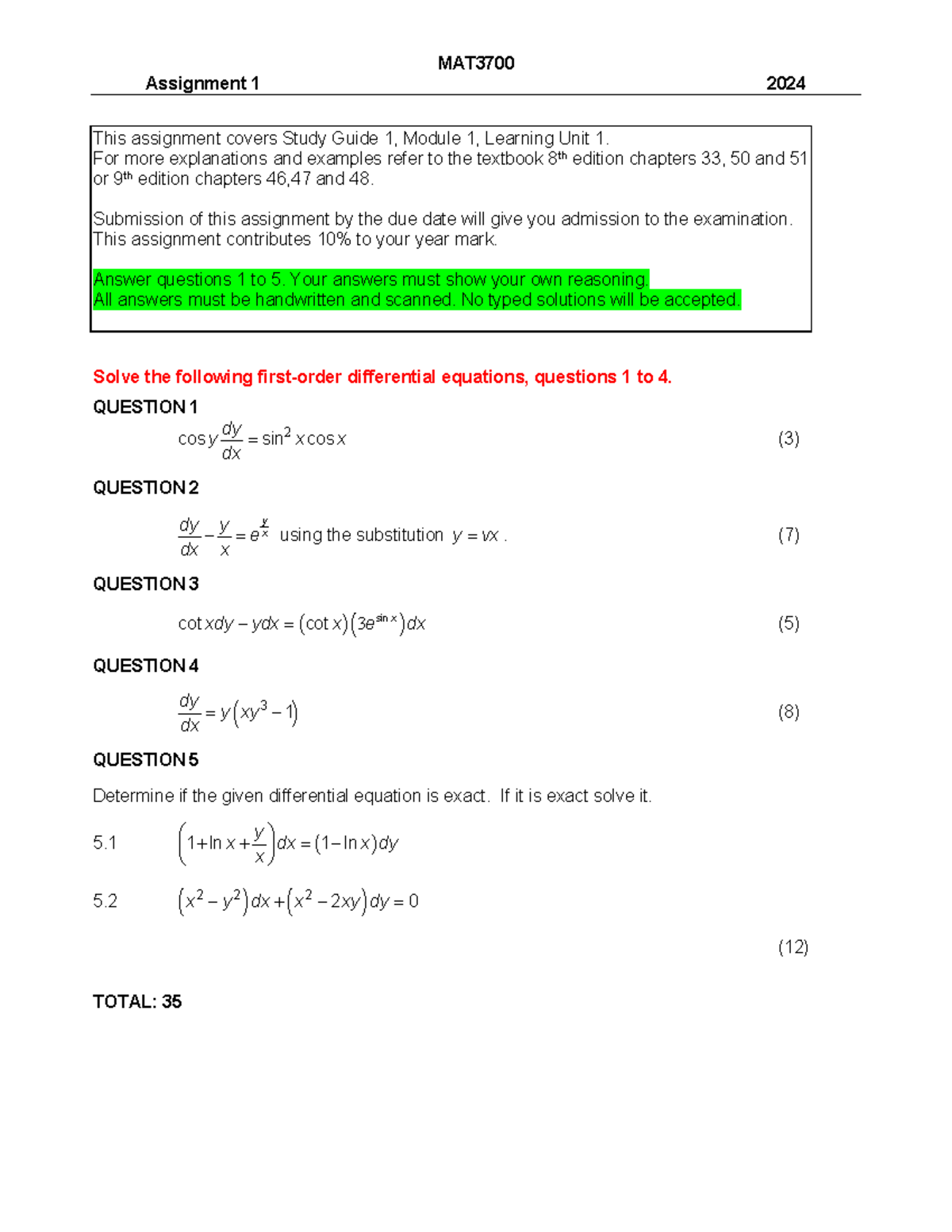 2024 MAT3700 Assignment 1 - Differential Equations & Submission Details ...