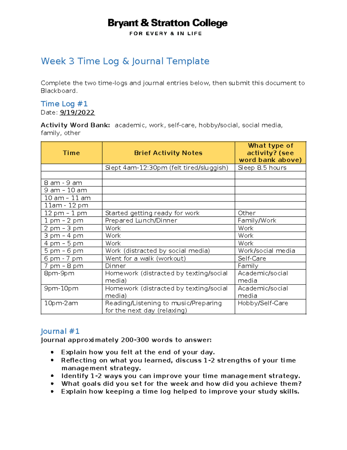 COMM104 W3 Time Log & Journal Reflection Template - Studocu