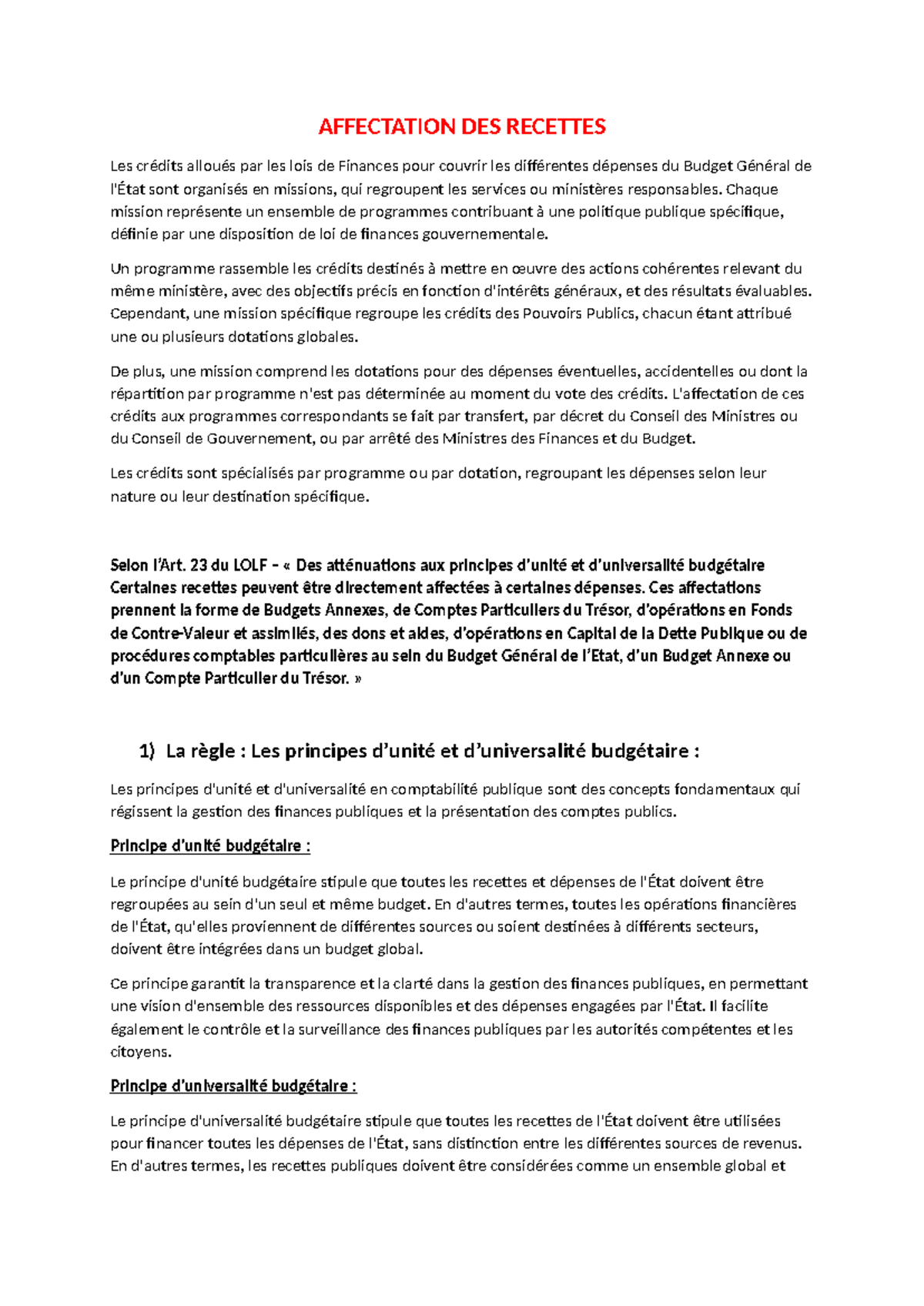 CPUB Affects D'une Mission et Droits Budgétaires des Recettes - Studocu
