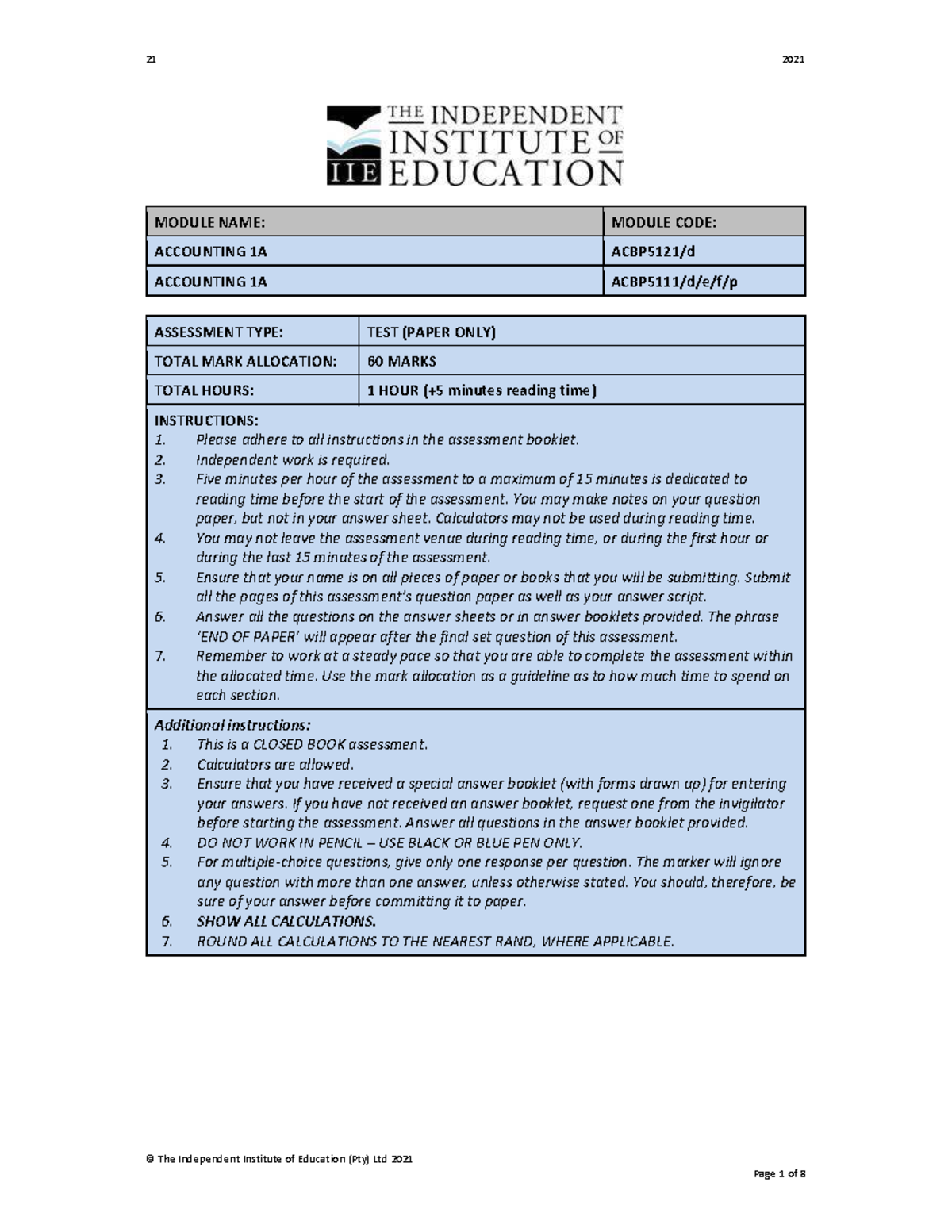 ACBP5111T2a - Accounting 1A Test Instructions & Questions 2021 - Studocu
