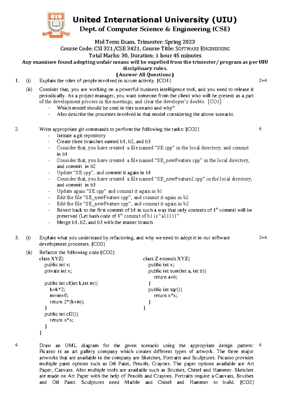 UIU CSE Mid Term Exam Spring 2023 - CSI 3421 Software Engineering - Studocu