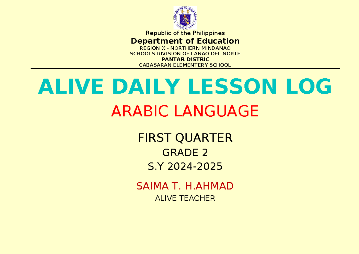 Grade 2 & 3 ALIVE Daily Lesson Log for Arabic & Islamic Values - Studocu