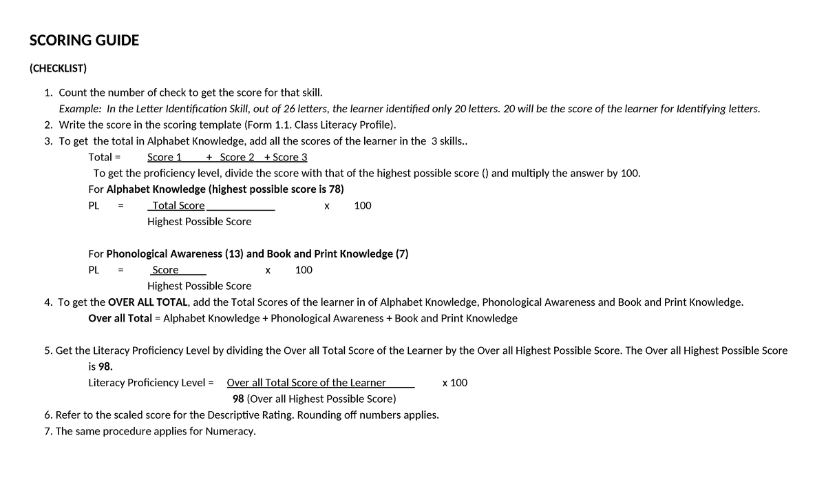 SCORING GUIDE & ASSESSMENT FORMS (LITERACY & NUMERACY) - Studocu