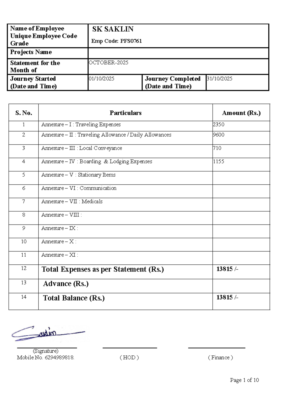 TE Bill Format -13 for Employee PFS0761 - Studocu