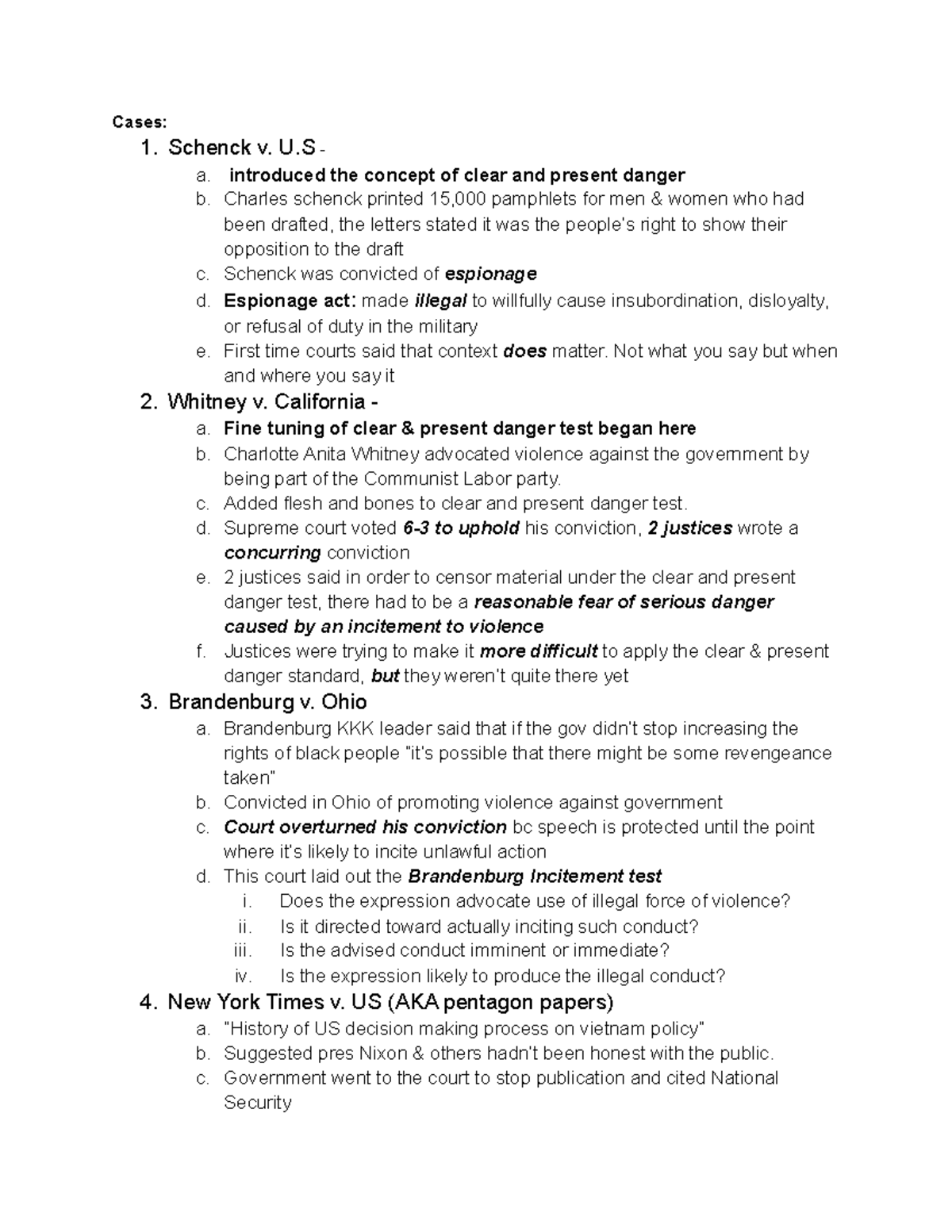 Study Guide 1 - Lecture Notes on First Amendment Cases and Principles ...