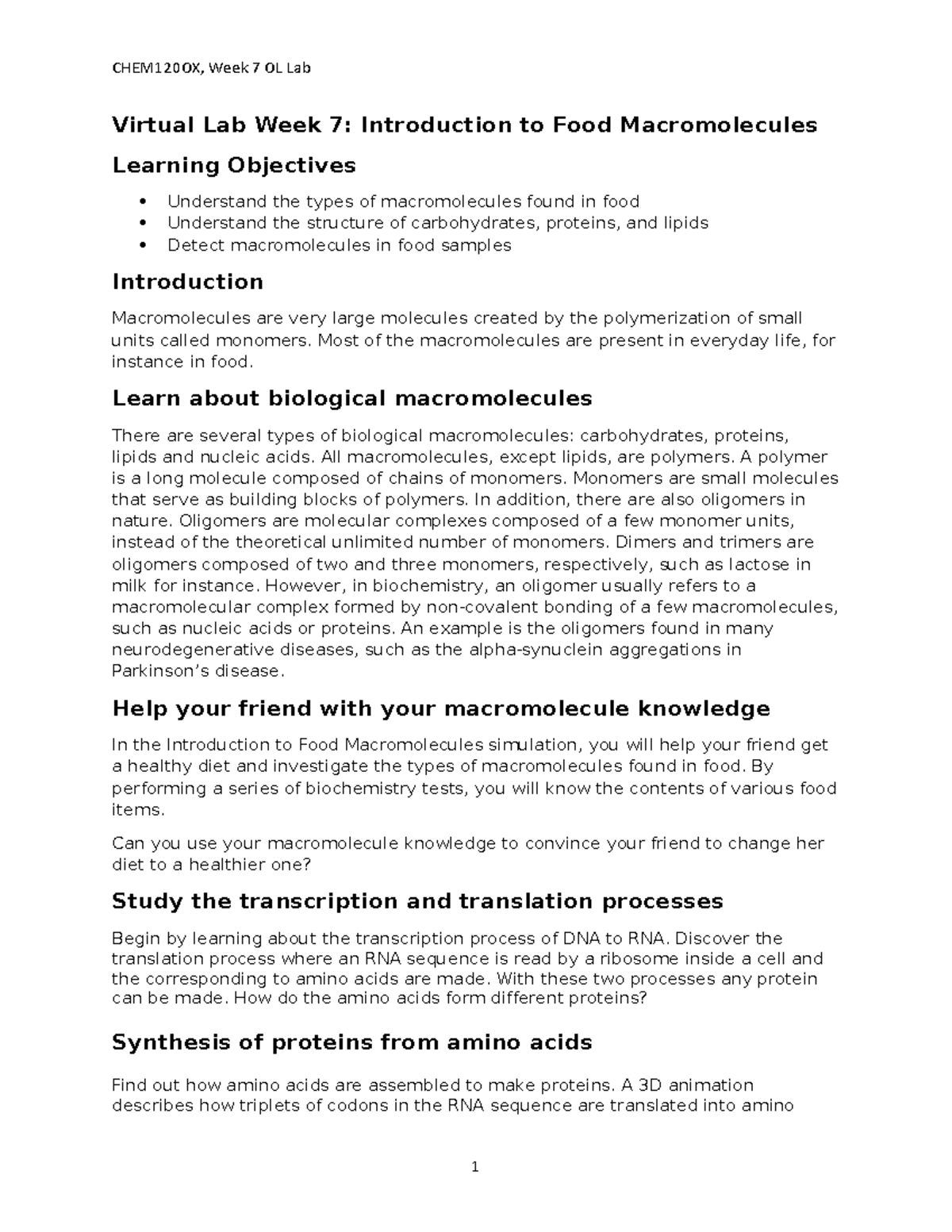 Week 7 Lab Report: Exploring Food Macromolecules and Protein Synthesis ...