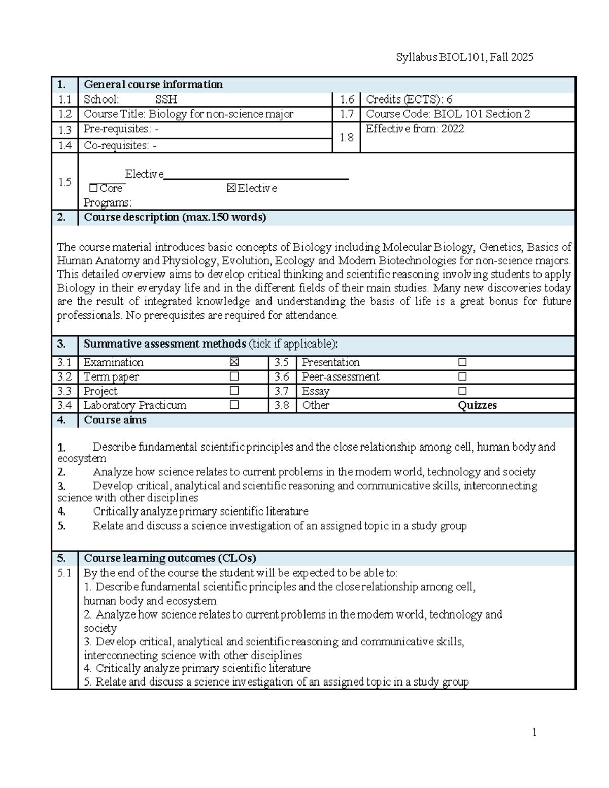 Syllabus for BIOL101: Biology for Majors, Fall 2025 - Studocu